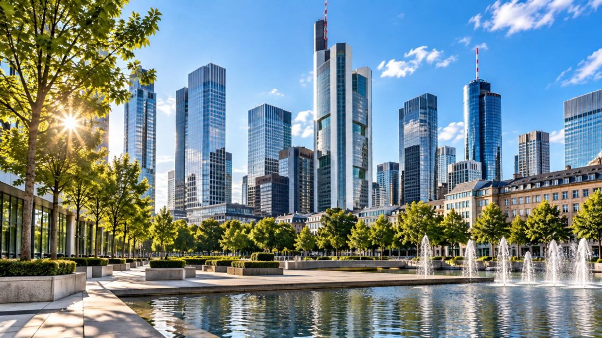 Moderne Hochhäuser eines deutschen Bankenviertels bei Sonnenschein