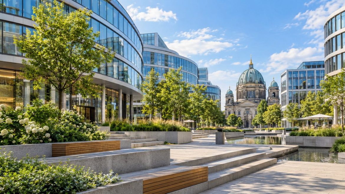 Modernes europäisches Finanzviertel mit heller Platzanlage