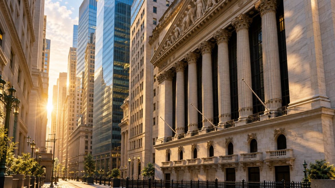 Straßenschlucht im New Yorker Finanzviertel mit Börsengebäude